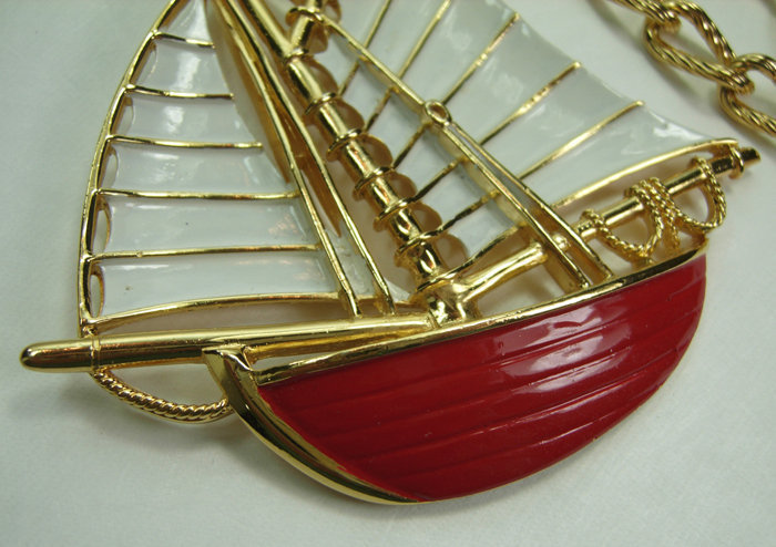 Very Big 1970s Trifari Enameled Sailboat Necklace