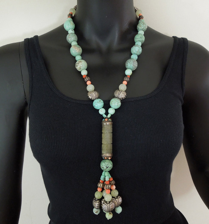 70s Chinese Turquoise Coral Hardstone Silver Necklace