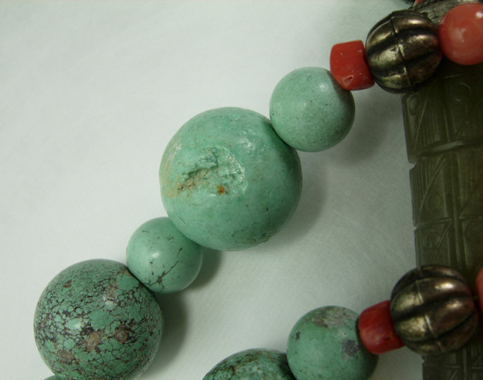 70s Chinese Turquoise Coral Hardstone Silver Necklace