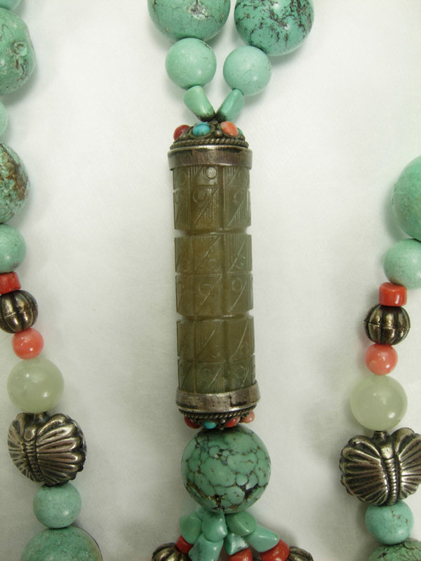 70s Chinese Turquoise Coral Hardstone Silver Necklace