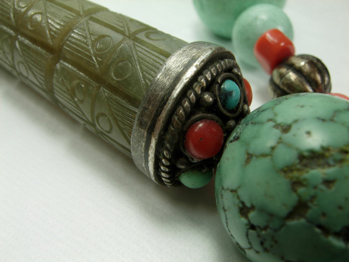 70s Chinese Turquoise Coral Hardstone Silver Necklace