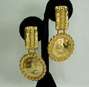 80s Barbaric Style Faux Coin Hammered Goldtone Earrings