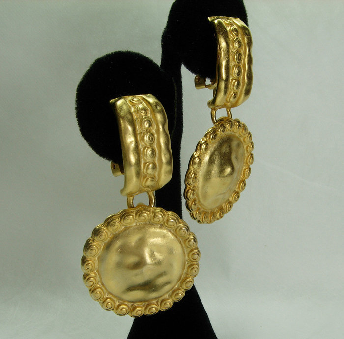 80s Barbaric Style Faux Coin Hammered Goldtone Earrings