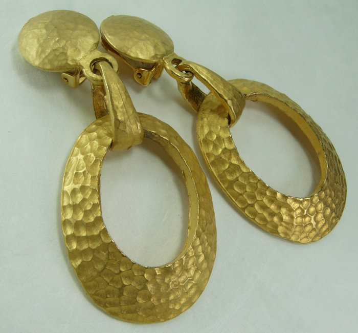 1980s Barbaric Style 3+ Inch Hammered Goldtone Earrings