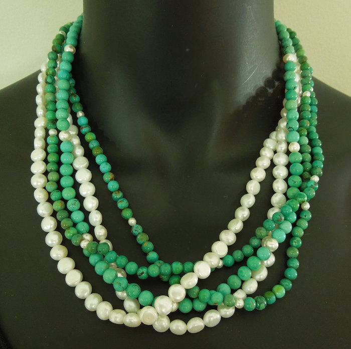 1970s Chinese Turquoise Pearl 5 Strand Necklace Torsade