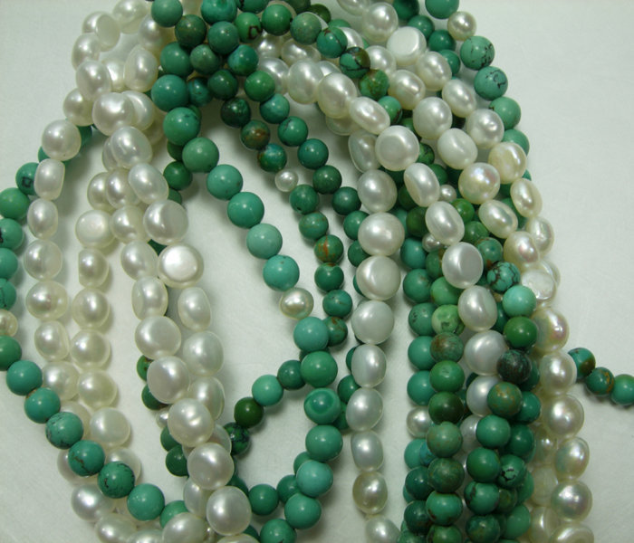 1970s Chinese Turquoise Pearl 5 Strand Necklace Torsade