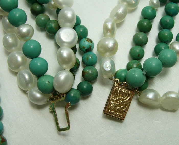 1970s Chinese Turquoise Pearl 5 Strand Necklace Torsade