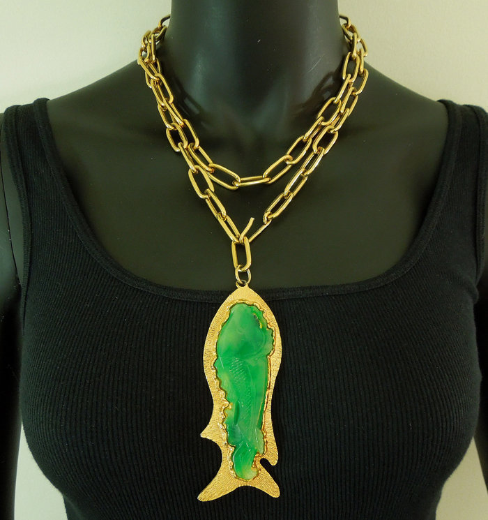 70s Vendome Huge Faux Jade Chinoiserie Koi Necklace