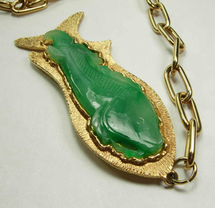 70s Vendome Huge Faux Jade Chinoiserie Koi Necklace