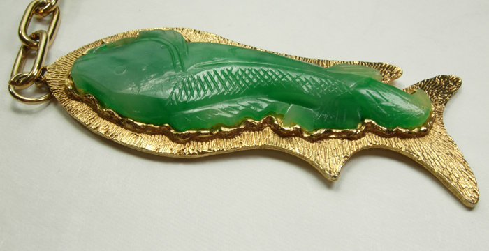 70s Vendome Huge Faux Jade Chinoiserie Koi Necklace