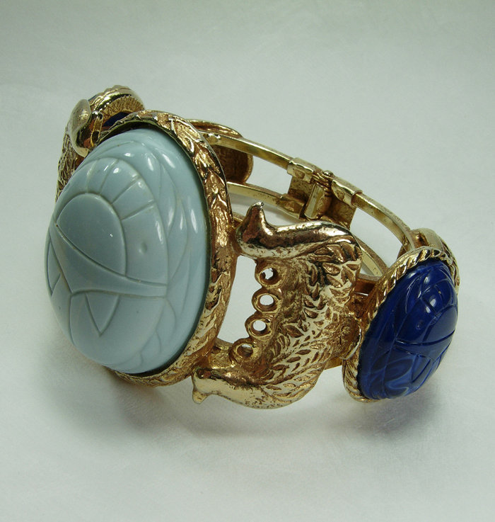 Huge 1970s Egyptian Style Blue Scarab Clamper Bracelet