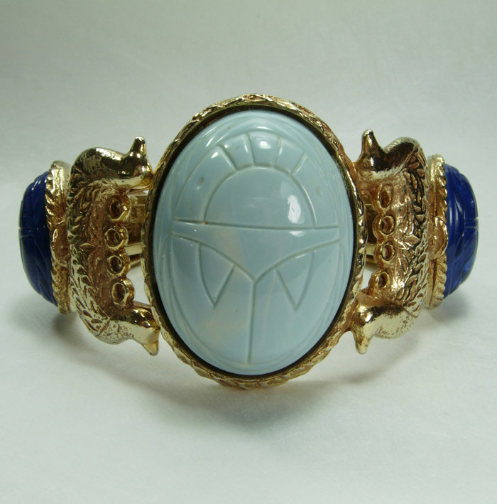 Huge 1970s Egyptian Style Blue Scarab Clamper Bracelet