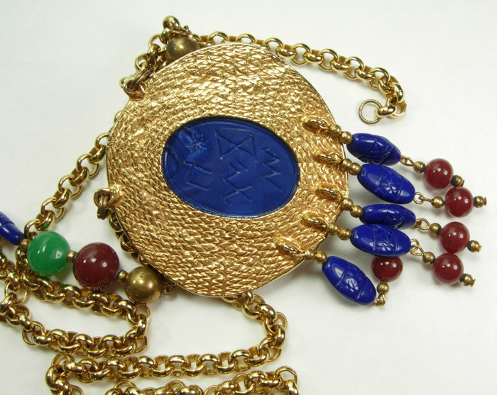 70s Dauplaise Egyptian Style Necklace Blue Glass Lucite