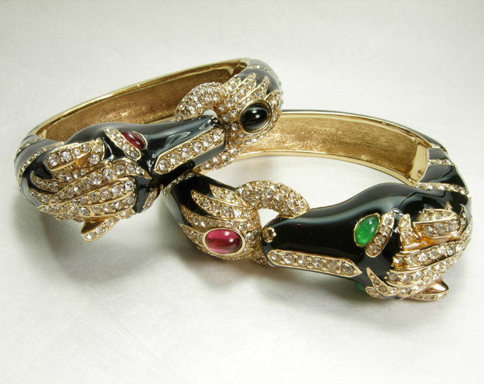 Pair 1960s Ciner Enameled Jeweled Horse Form Bracelets