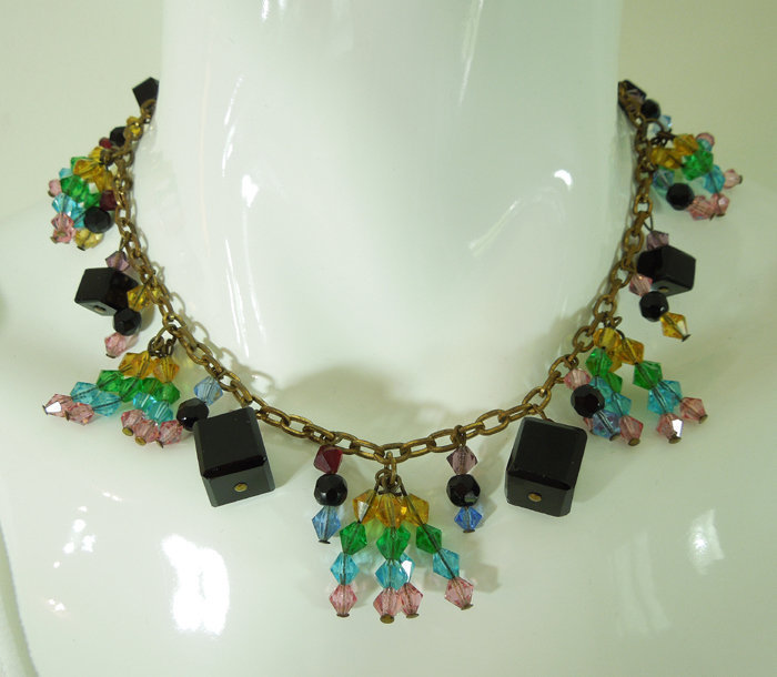 30s Art Deco Wired Glass Bib Necklace Pink Green Yellow