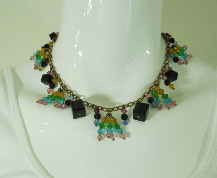 30s Art Deco Wired Glass Bib Necklace Pink Green Yellow