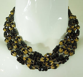 50s Signed Miriam Haskell Black Glass Necklace 4 Strand