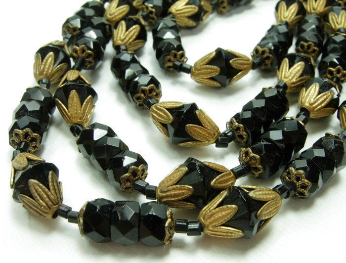 50s Signed Miriam Haskell Black Glass Necklace 4 Strand