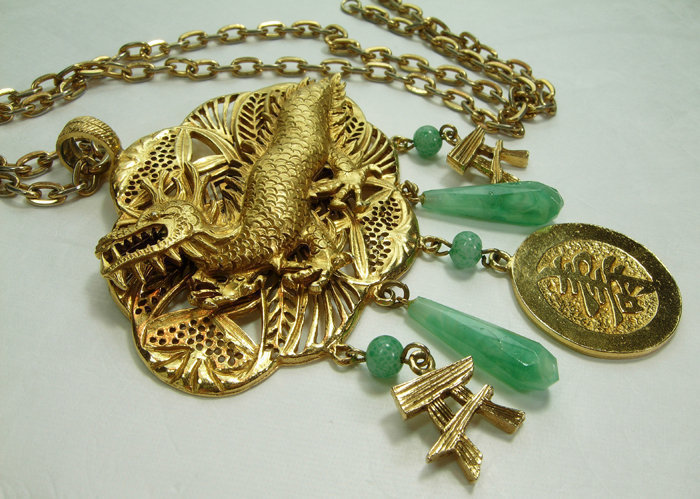 1970s Kenneth Lane Chinese Dragon Necklace Jade Glass