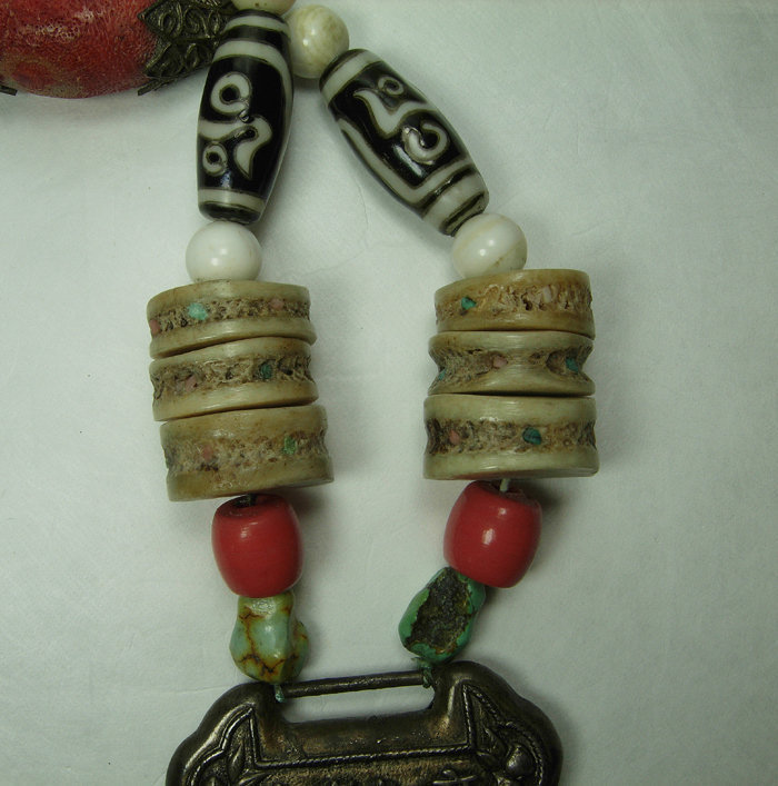 Antique Chinese Lock Necklace Coral Turquoise Dzi Beads