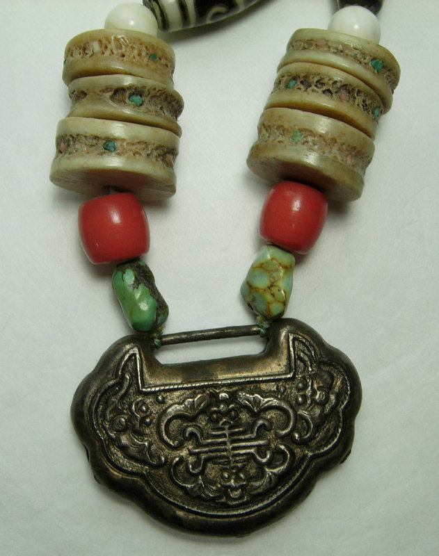 Antique Chinese Lock Necklace Coral Turquoise Dzi Beads