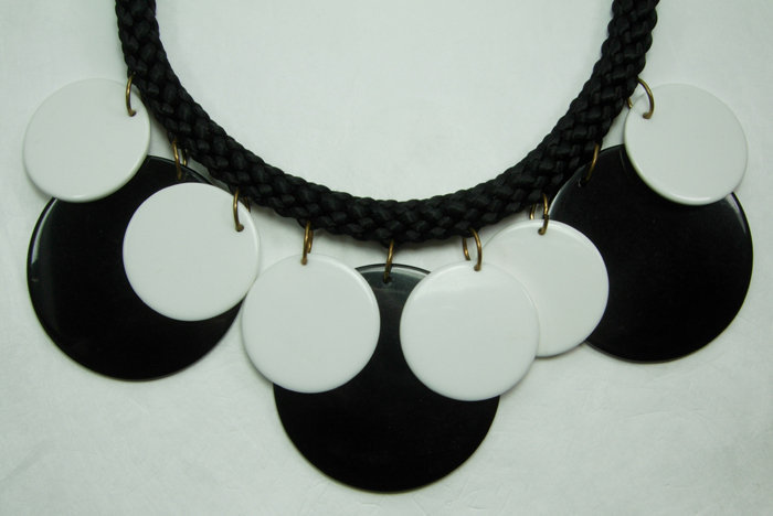 80s Runway French Necklace Black White Silk Cord