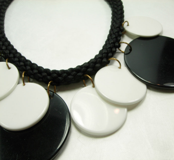 80s Runway French Necklace Black White Silk Cord