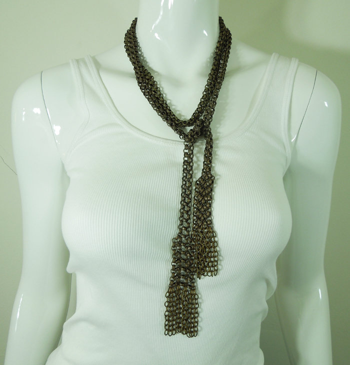80s Couture Long Lariat Tassel Necklace Engraved Links