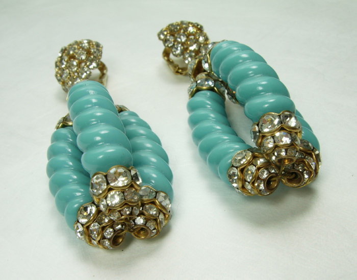 60s Statement Earrings Faux Turquoise Brilliant Stones