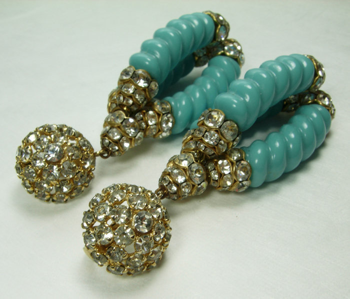 60s Statement Earrings Faux Turquoise Brilliant Stones