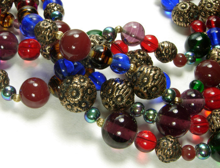 Huge 1970s French Poured Glass Necklace Jewel Tones