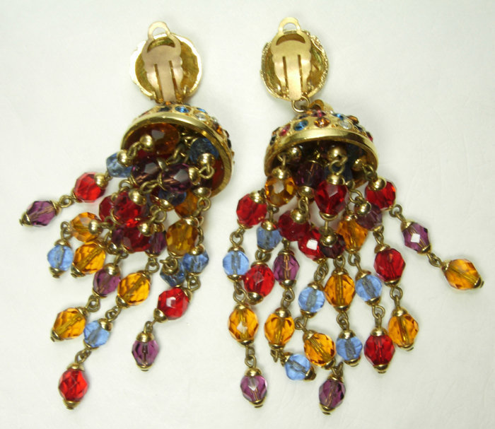 1980s French 4+ Inch Wired Glass Rhinestone Earrings Jewel Tones