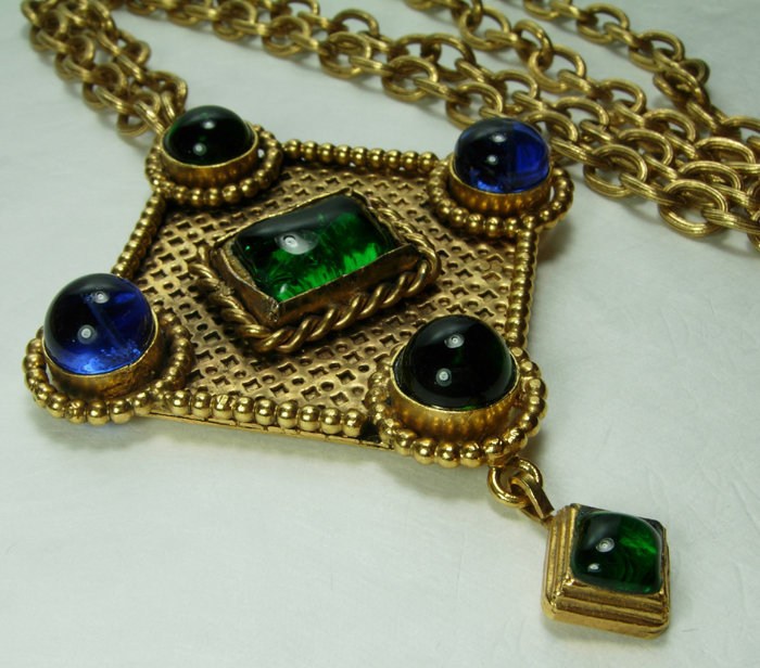 1980s Isabel Canovas Necklace Green Blue Gripoix Poured Glass