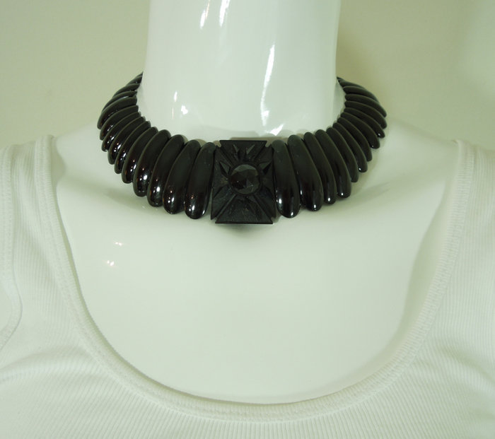 Antique Victorian Whitby Jet Necklace Carved Centerpiece