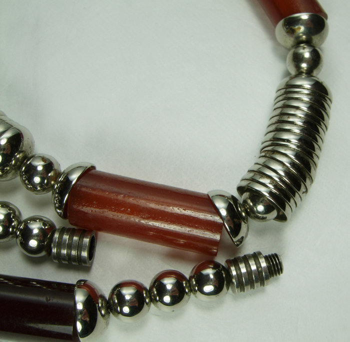 French Art Deco Modernist Chrome Amber Bakelite Necklace