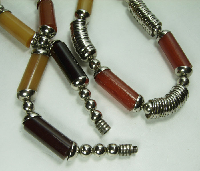 French Art Deco Modernist Chrome Amber Bakelite Necklace