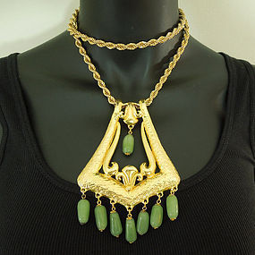 1970 Huge Ornate Etruscan Pendant Necklace Jade Poured Glass Beads