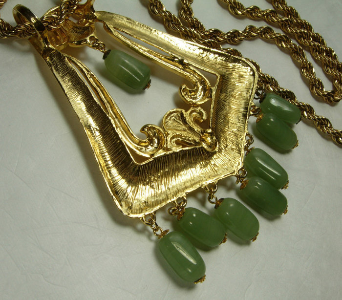 1970 Huge Ornate Etruscan Pendant Necklace Jade Poured Glass Beads