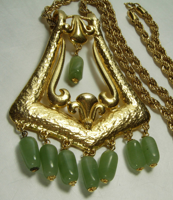 1970 Huge Ornate Etruscan Pendant Necklace Jade Poured Glass Beads