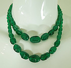Pair 1930s Green Gripoix Poured Glass French Beaded Necklaces