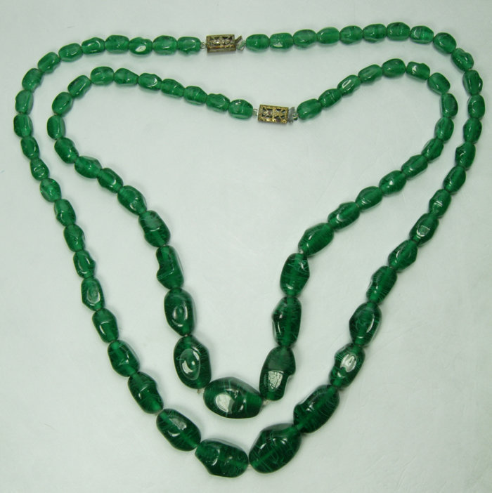 Pair 1930s Green Gripoix Poured Glass French Beaded Necklaces