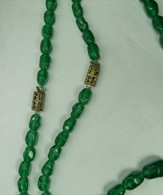 Pair 1930s Green Gripoix Poured Glass French Beaded Necklaces