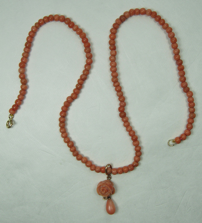 Antique Victorian Salmon Coral 9K Gold Necklace Carved Rose Pendant