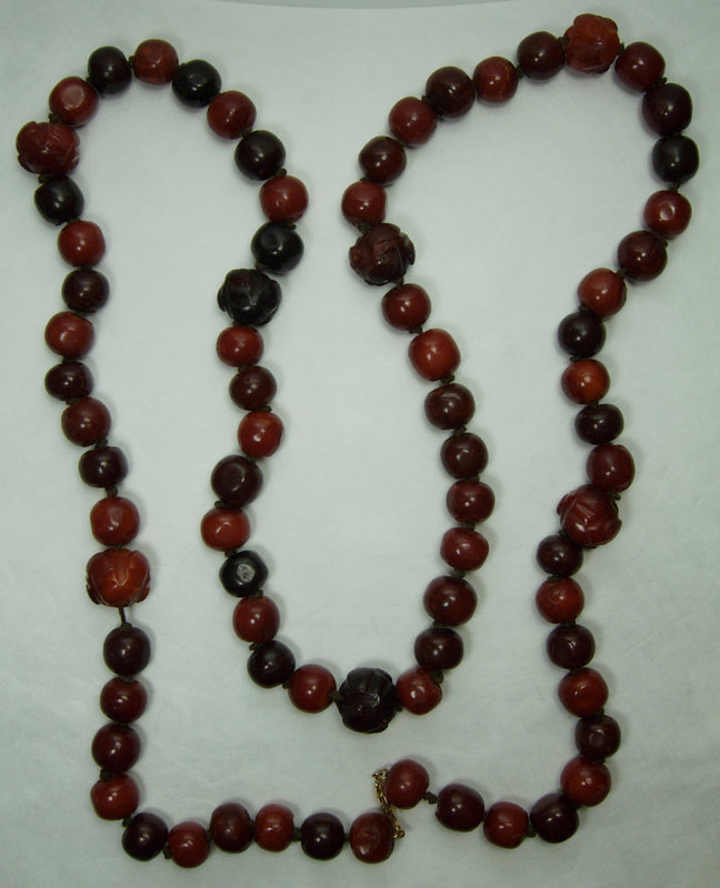 143 Grams Chinese Cognac Dark Butterscotch Amber Bead Necklace Carved