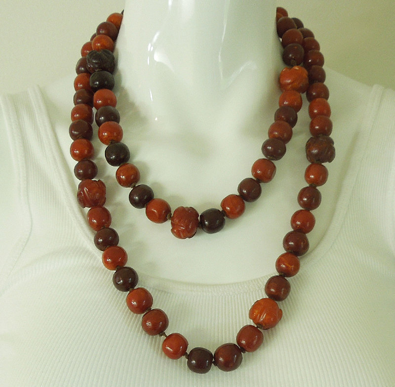 143 Grams Chinese Cognac Dark Butterscotch Amber Bead Necklace Carved