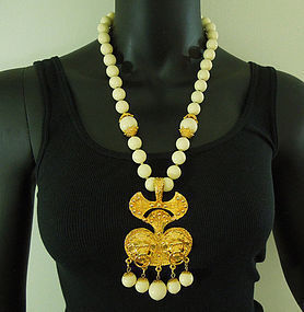 1970s Runway Faux Ivory Etruscan Lion Heads Drop Necklace