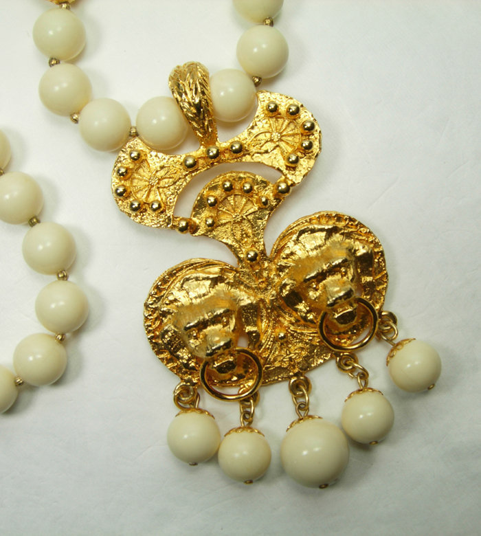 1970s Runway Faux Ivory Etruscan Lion Heads Drop Necklace