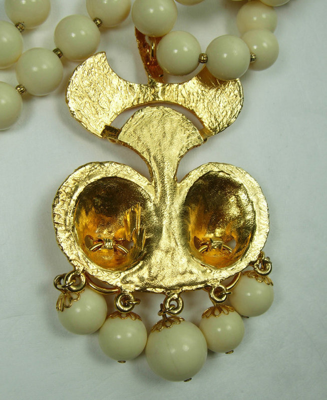 1970s Runway Faux Ivory Etruscan Lion Heads Drop Necklace