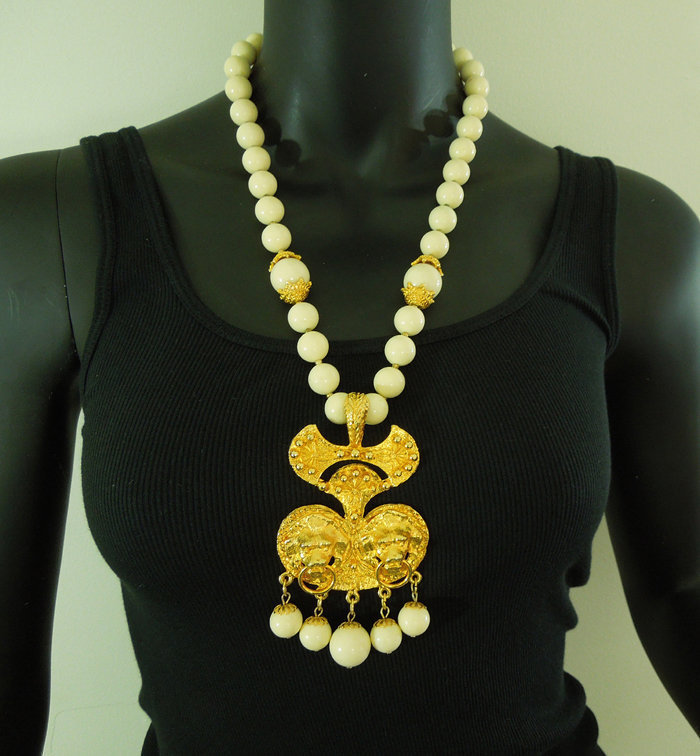 1970s Runway Faux Ivory Etruscan Lion Heads Drop Necklace