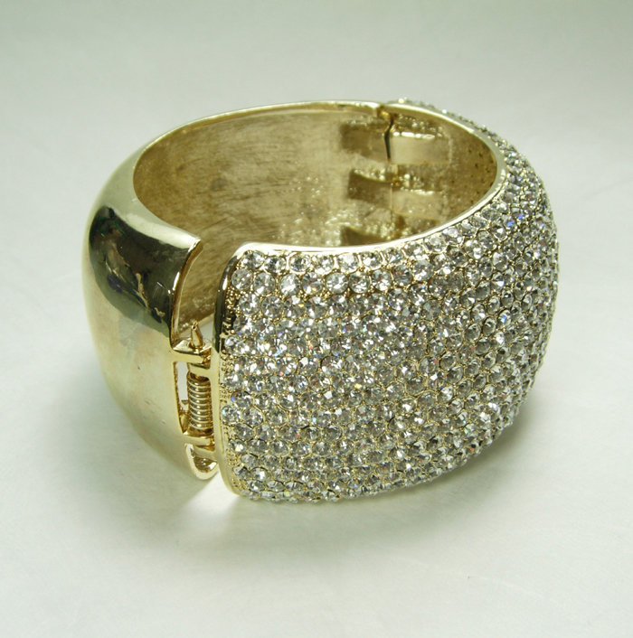 1980s Huge Couture Pave Crystal Strass Cuff Bangle Bracelet